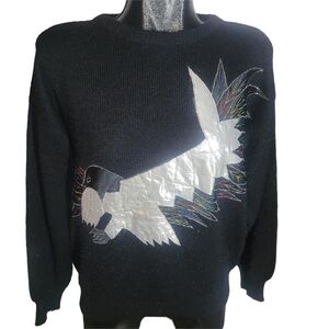 Exode Vintage 80's Black Sweater with Embroidered Bird Design L